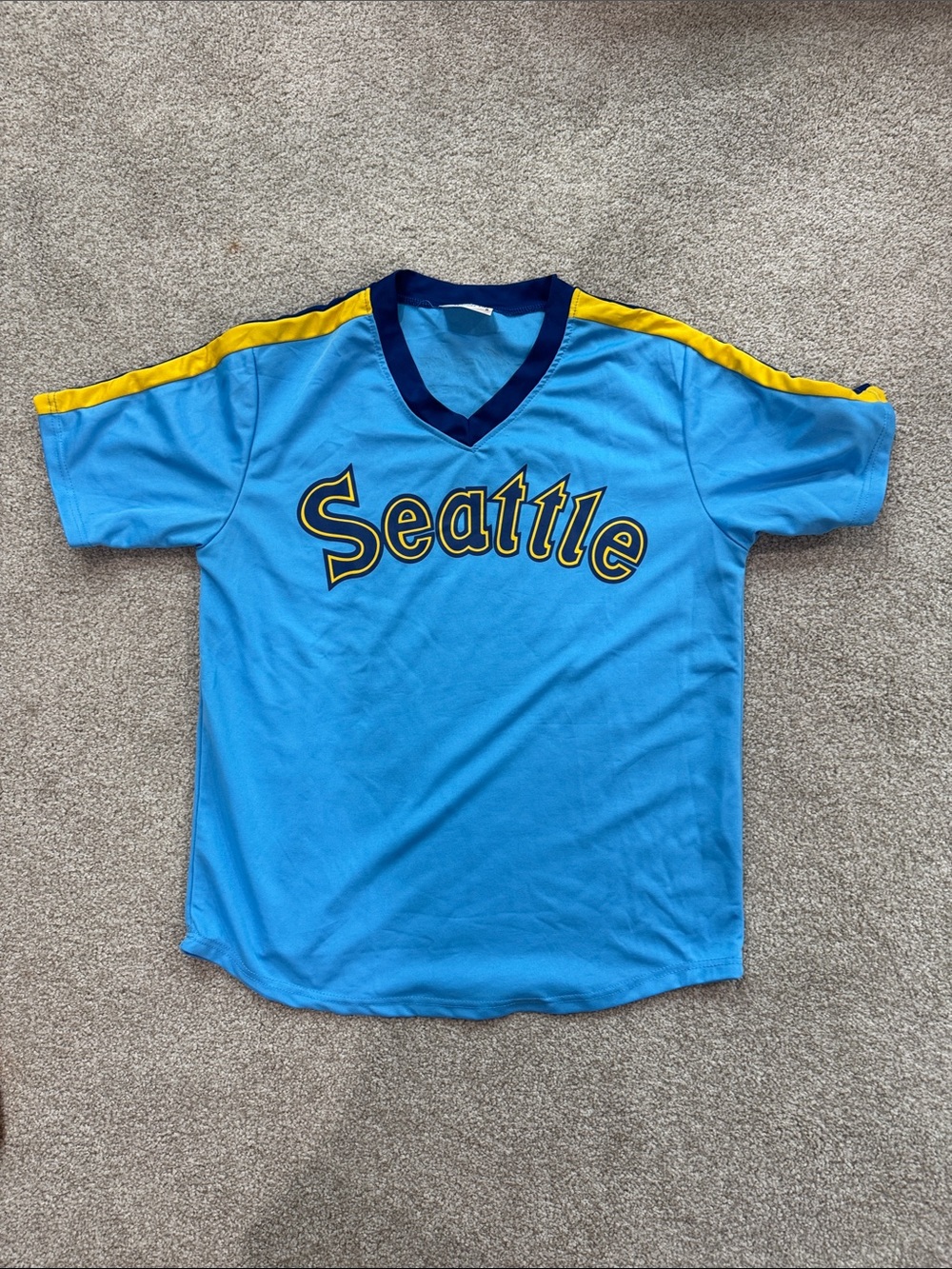 Seattle Mariners Short Sleeve V-Neck Tee in Blue with Yellow Accents